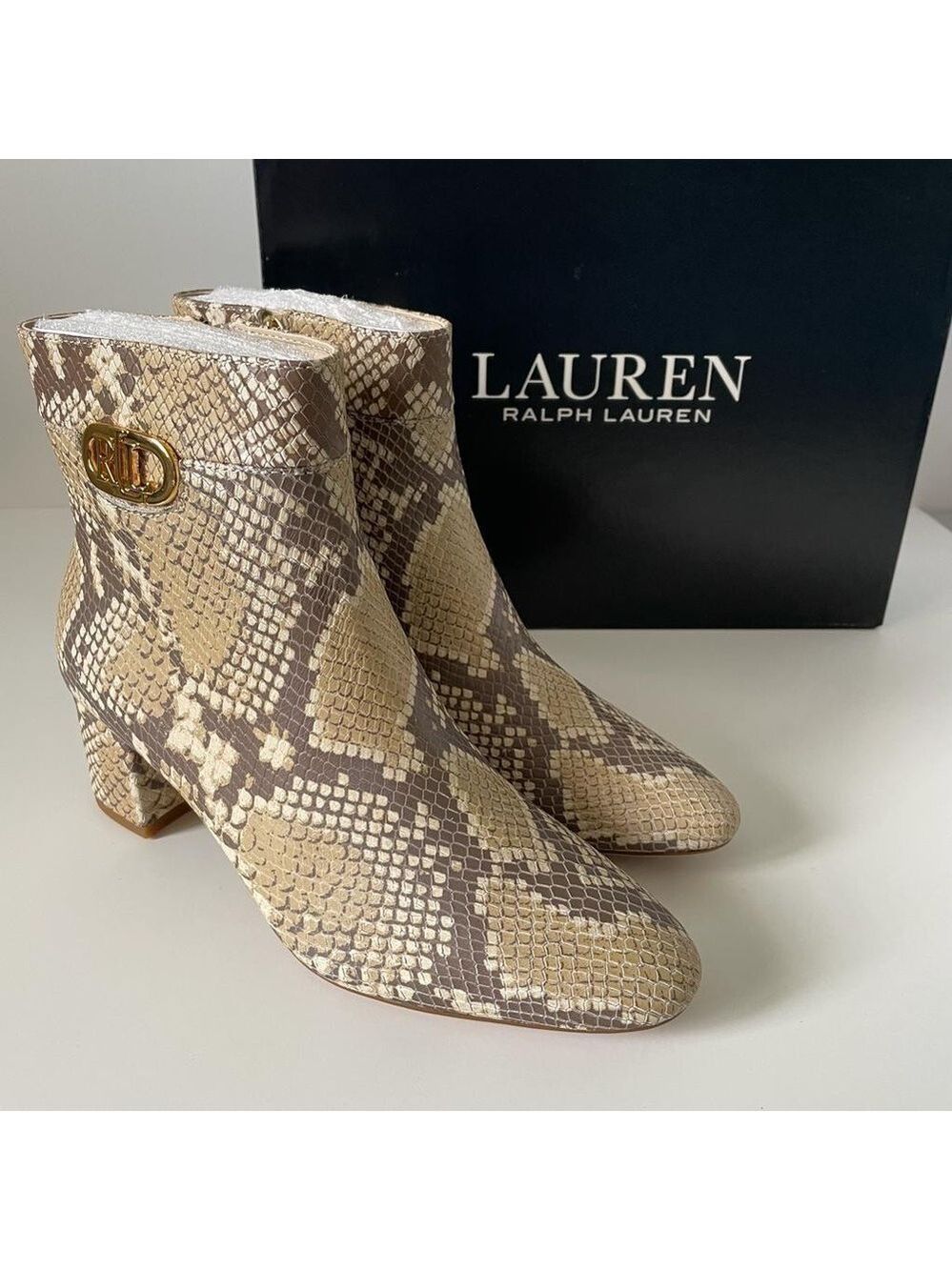 Nib Ralph Lauren Wynne II Python Embossed Leather Block Heel Booties Boots - Picture 6 of 16
